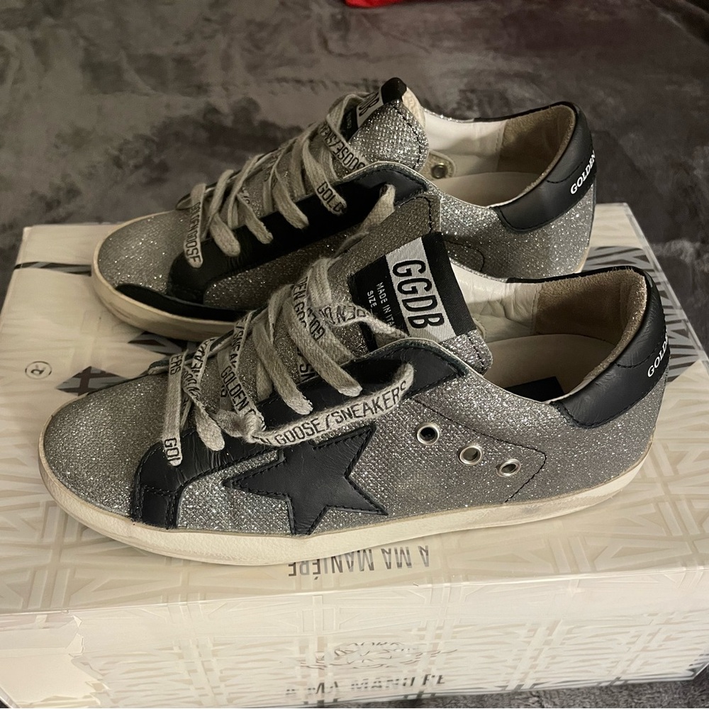 Golden Goose Shoes Superstar Silver Glitter Sneakers with Black Star - Picture 5 of 13